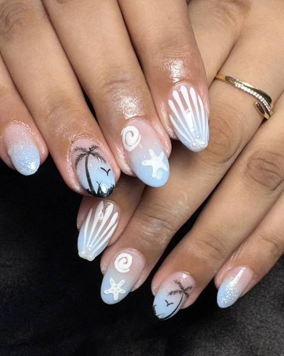 Ombre Oval Nails with Ocean-Themed Nail Art