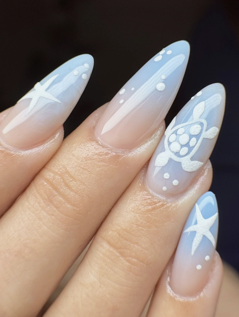 Ombre Stiletto Nails with 3D Sea Life