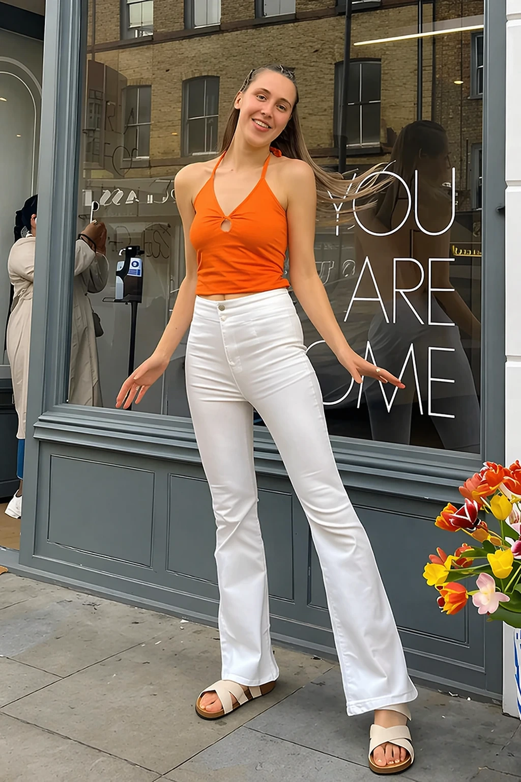 Orange Cami Top Outfit + White Flared Jeans + Beige Slide Sandals