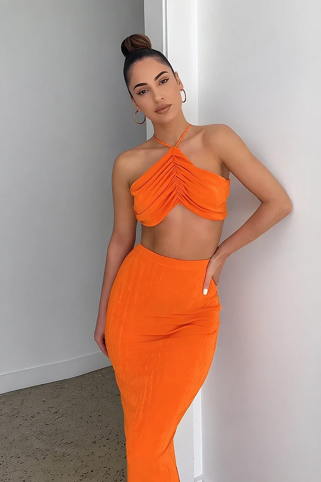 Orange Halter Neck Top + Orange High-Waisted Long Skirt