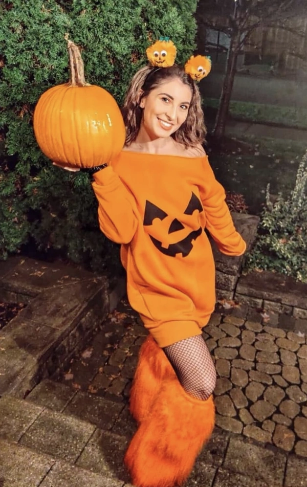 Orange Pumpkin Sweater + Black Fishnet Tights + Orange Furry Boots + Pumpkin Headband