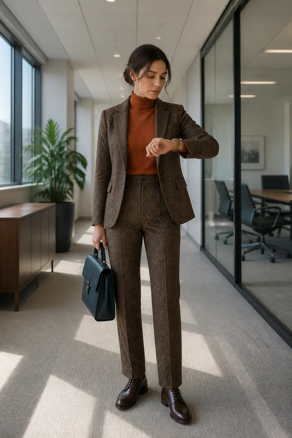 Orange Turtleneck with Brown Herringbone Suit