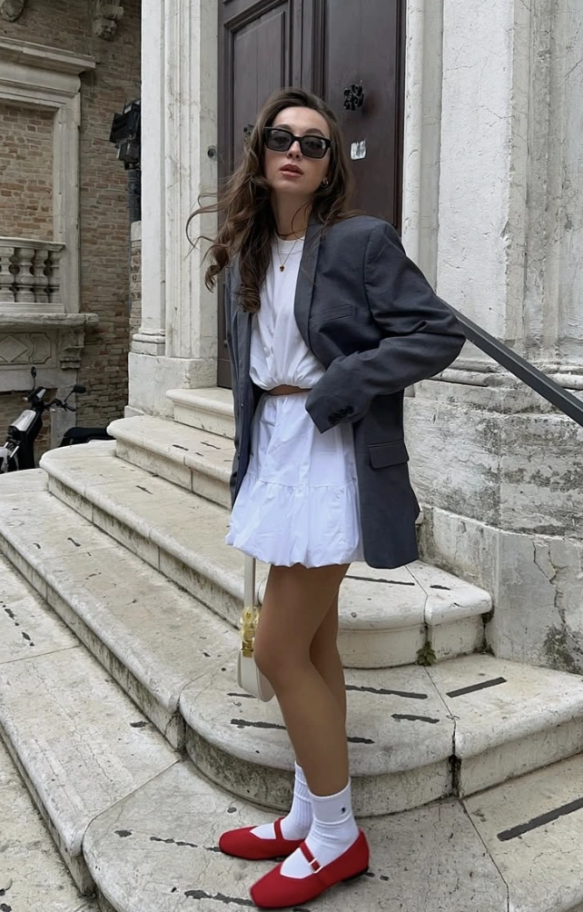 Oversized Blazer + Tiered White Dress + Red Flats