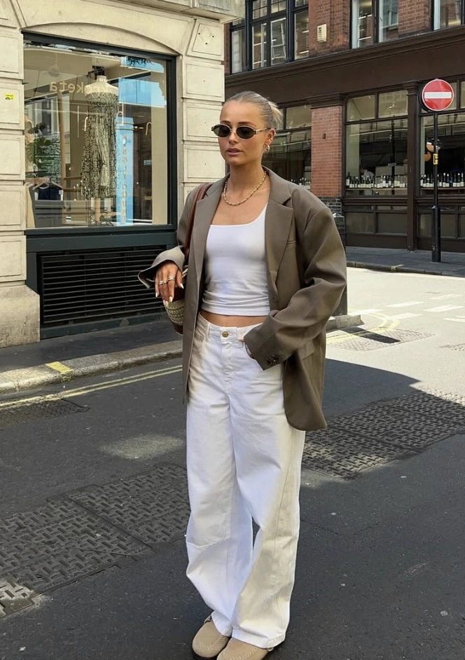 Oversized Blazer + White Tank Top + White Barrel Pants