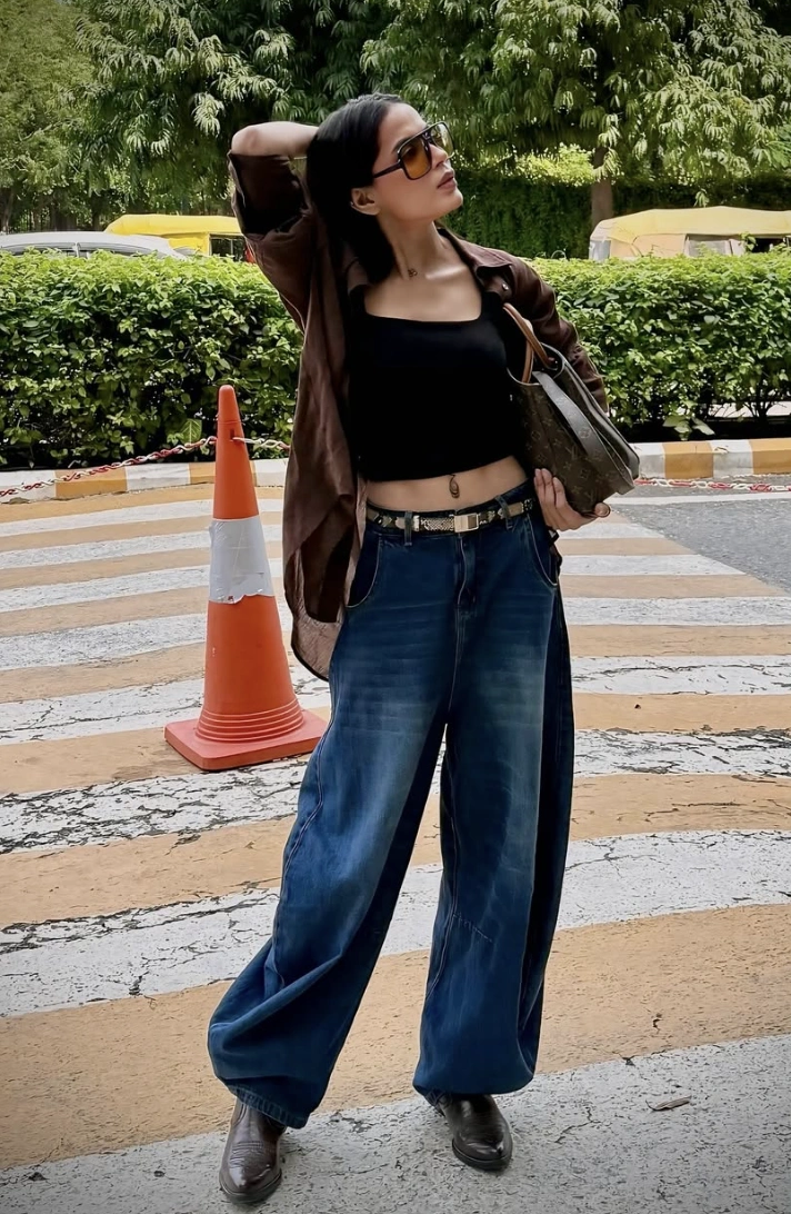 Oversized Brown Button-Up + Black Tank + Barrel Jeans + Western Boots
