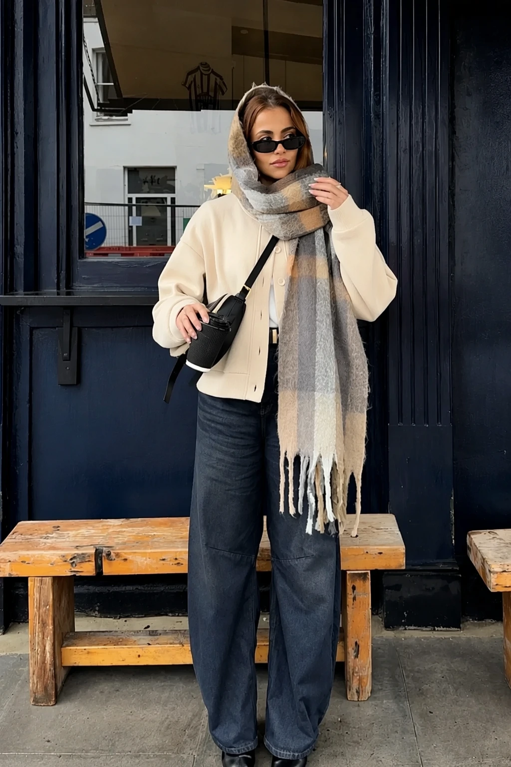 Oversized Cardigan + Plaid Scarf + Barrel Leg Jeans