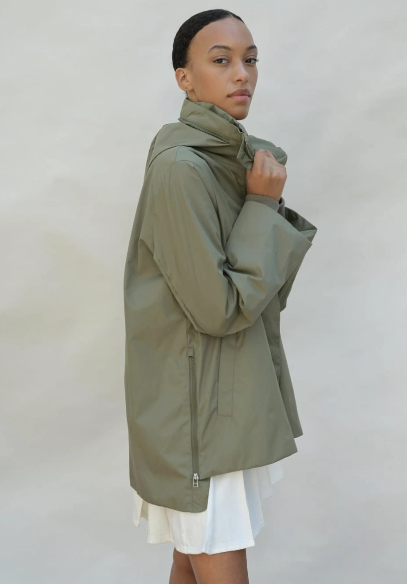 Oversized Olive Raincoat + White Mini Dress