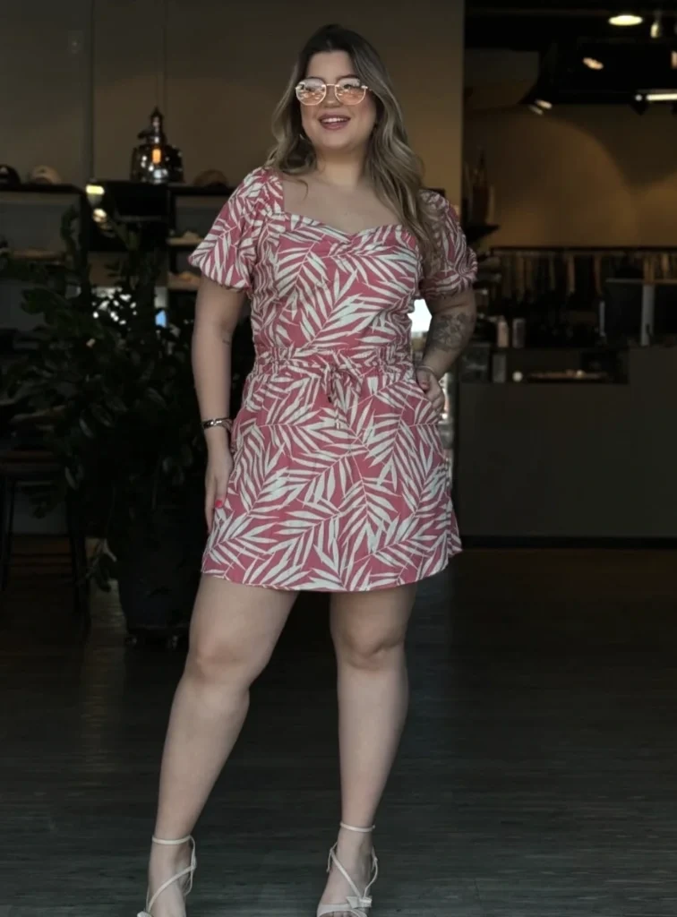 8- Palm Print Mini Dress With Strappy Heels