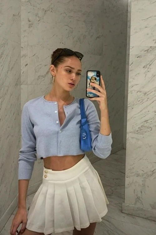 4- Pastel Cropped Cardigan and Pleated Skirt