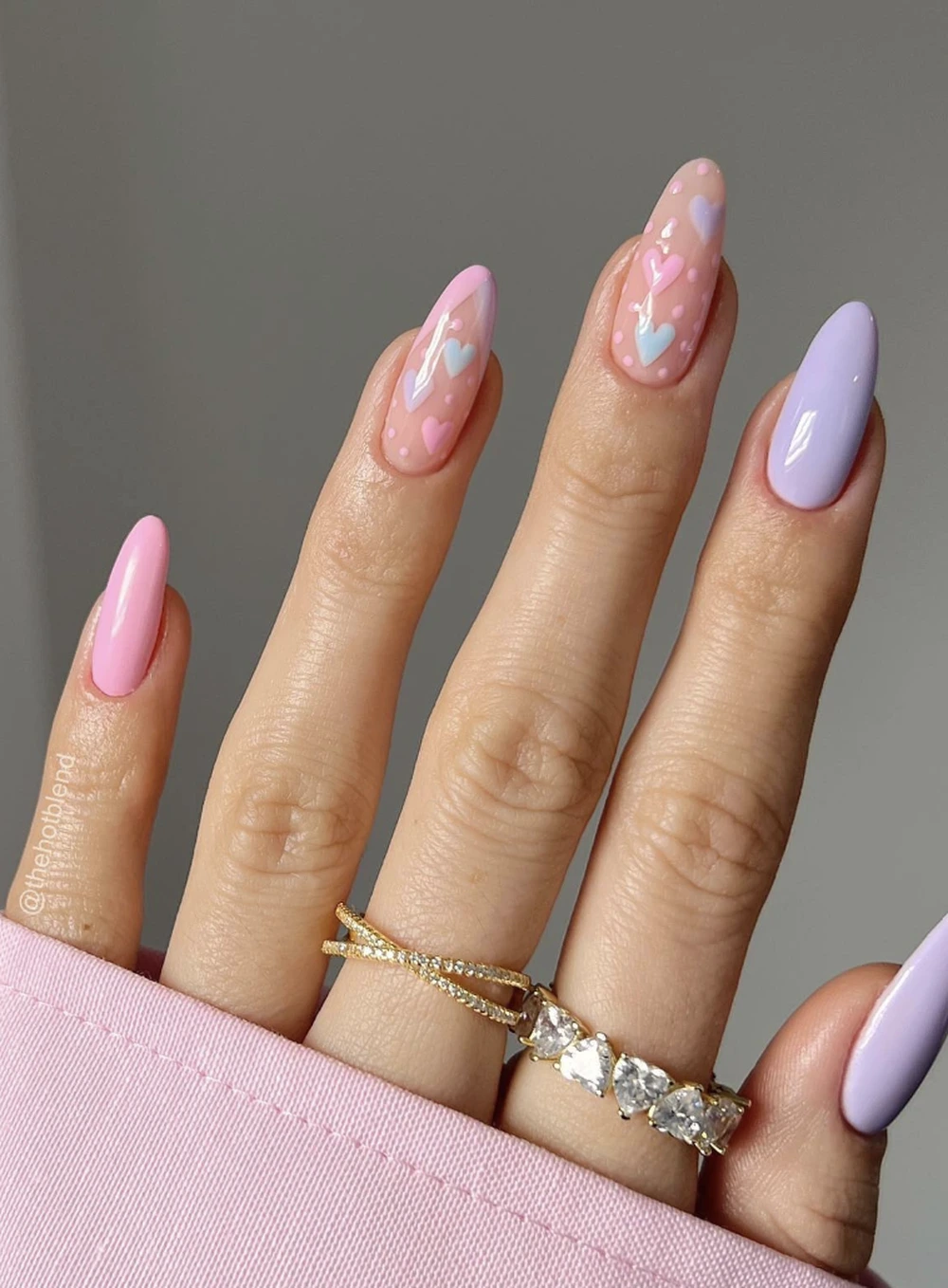 1- Pastel Hearts on Pink and Lilac Almond Nails