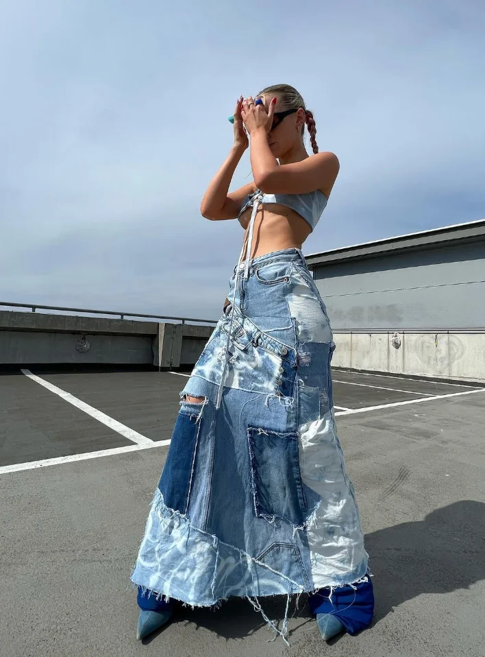 Patchwork Perfection: Denim Bralette + Maxi Skirt