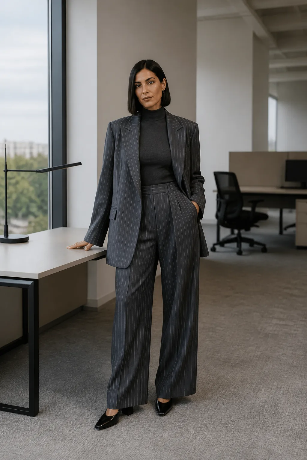 Baggy Suit Outfit Ideas 2026 - 16- Gray Pinstripe Suit With a Mock-Neck Fitted Top and Square-Toe Pumps