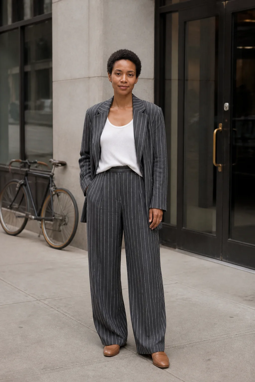 Baggy Suit Outfit Ideas 2026 - 1- Chalk Stripe Suit With a Fitted White Tank and Loafers