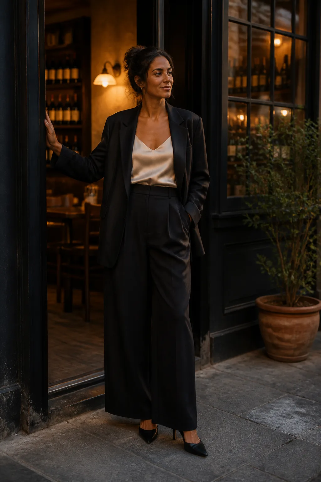 Baggy Suit Outfit Ideas 2026 - 6- Black Suit With a Silk Slip Top and Pointed-Toe Mules
