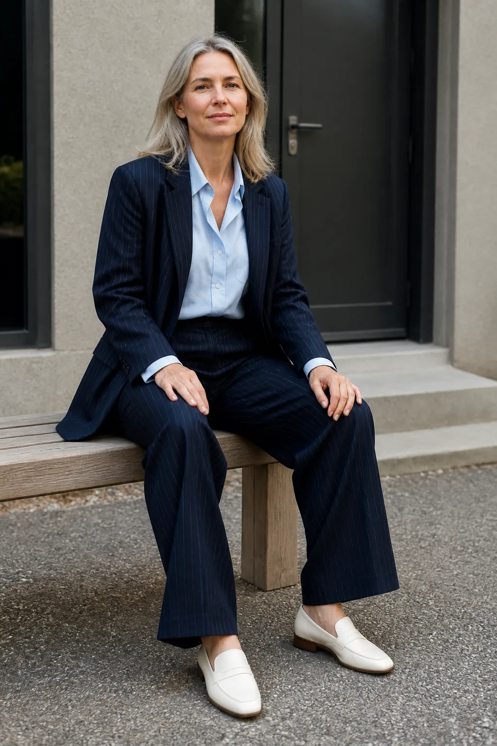 Baggy Suit Outfit Ideas 2026 - 11- Navy Pinstripe Oversized Suit With a Pale Blue Oxford Shirt