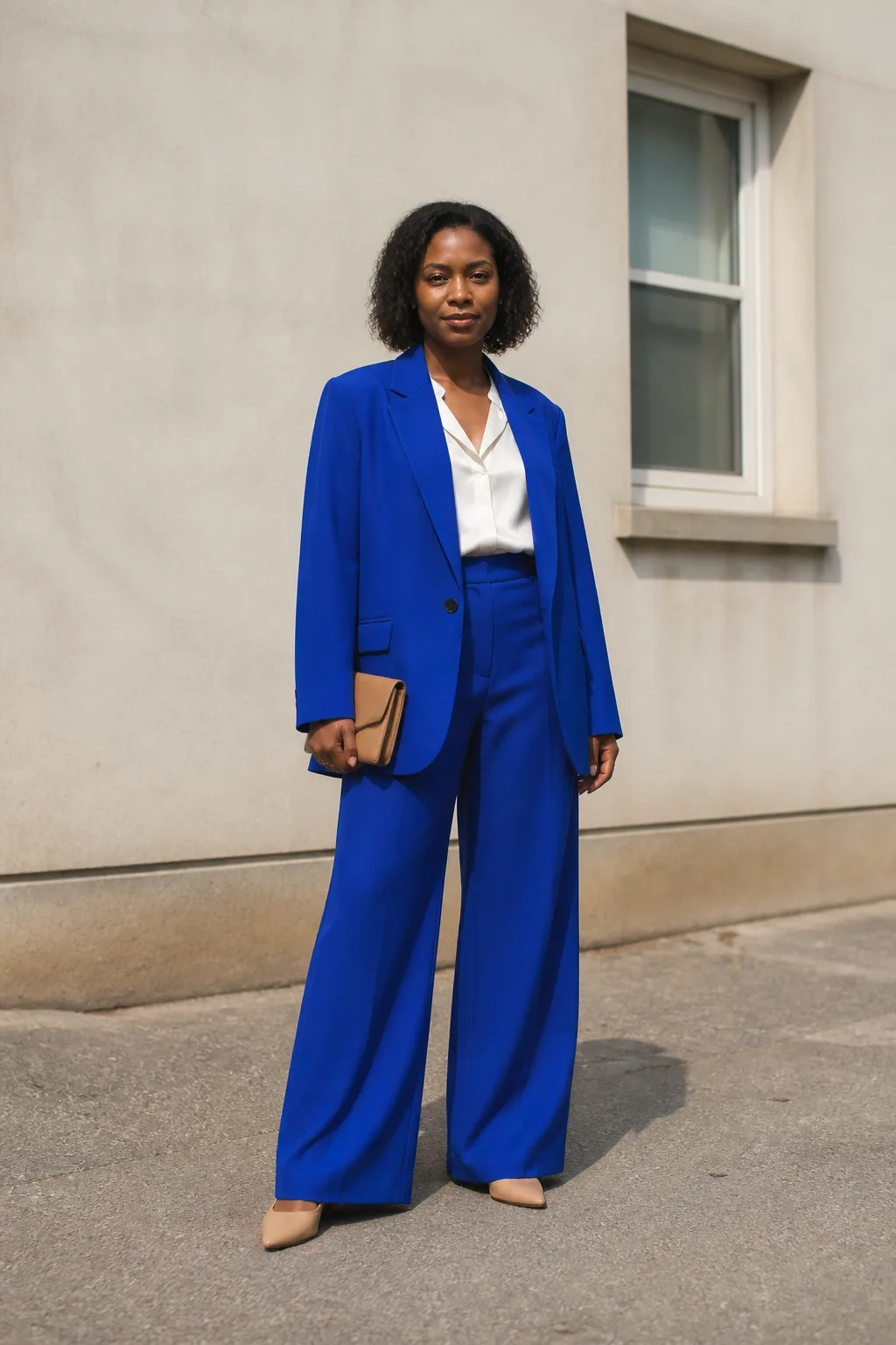 Baggy Suit Outfit Ideas 2026 - 14- Cobalt Blue Oversized Single-Button Blazer and Wide-Leg Trousers With a White Satin Blouse