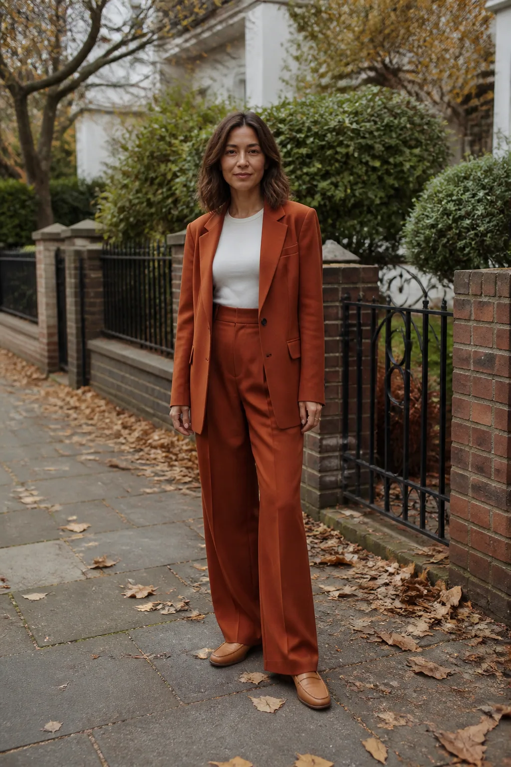 Baggy Suit Outfit Ideas 2026 - 10- Rust Orange Oversized Blazer and Wide-Leg Trousers With a Fitted White Fitted Merino Tee