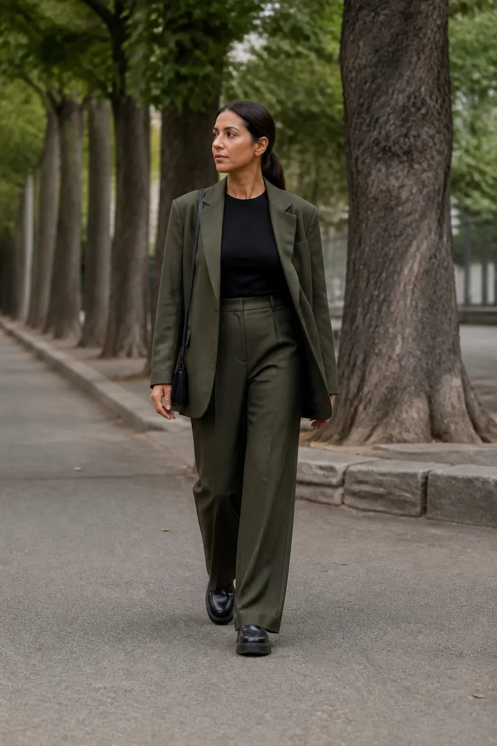 Baggy Suit Outfit Ideas 2026 - 13- Olive Green Oversized Suit With a Black Fitted Longline Shirt Tucked In