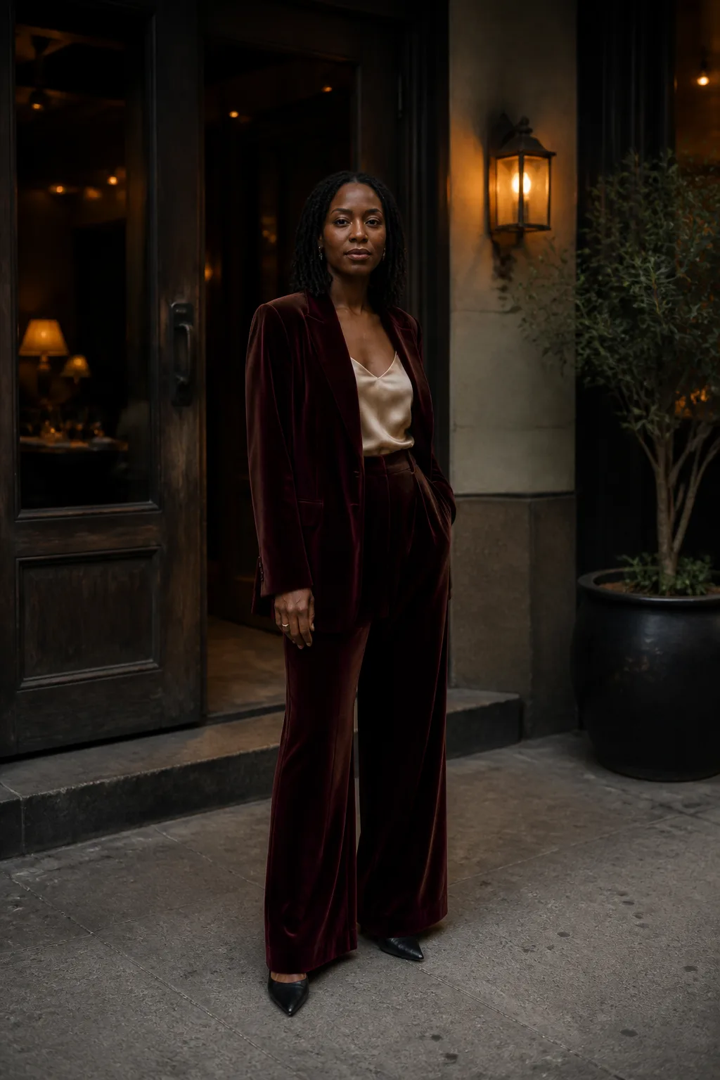 Baggy Suit Outfit Ideas 2026 - 4- Burgundy Velvet Blazer and Wide-Leg Trousers With a Satin Cami