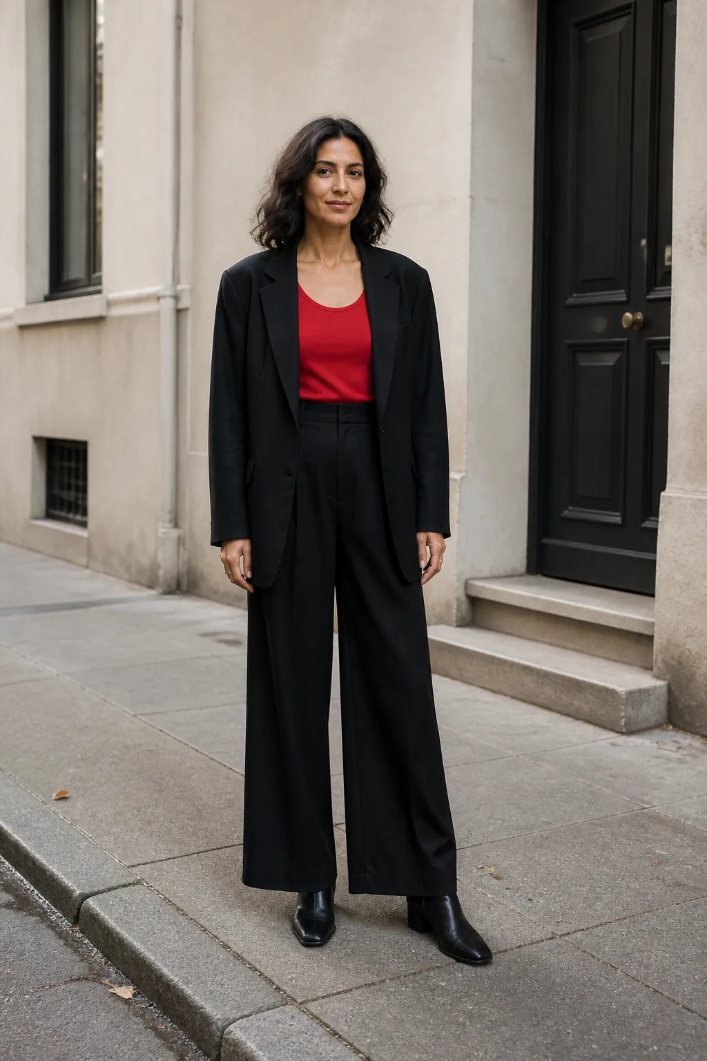 Baggy Suit Outfit Ideas 2026 - 16- Black Oversized Blazer and Wide-Leg Trousers With a Red Fitted Scoop-Neck Tee
