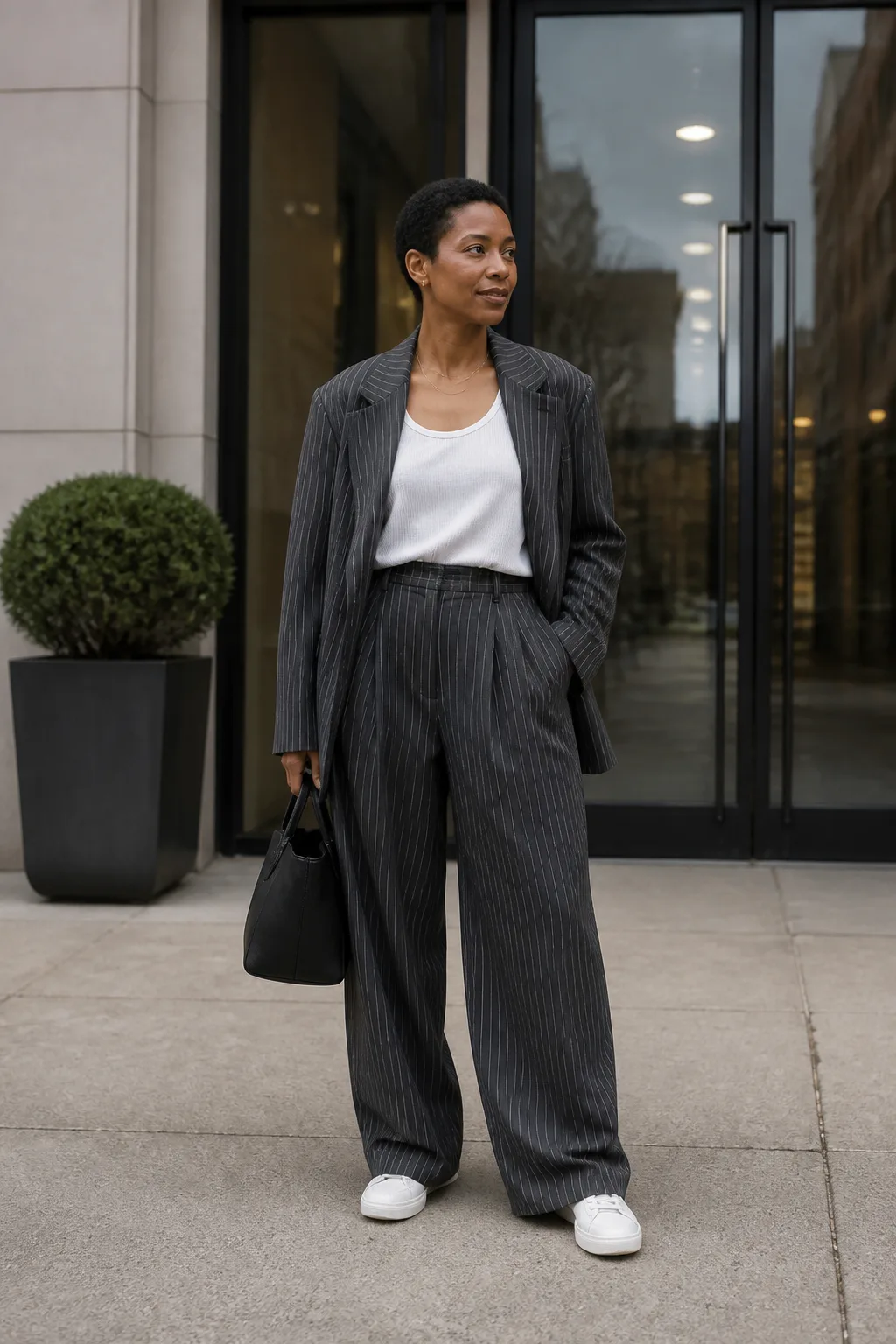 Baggy Suit Outfit Ideas 2026 - 1- Chalk Stripe Blazer and Trousers With a Fitted White Tank