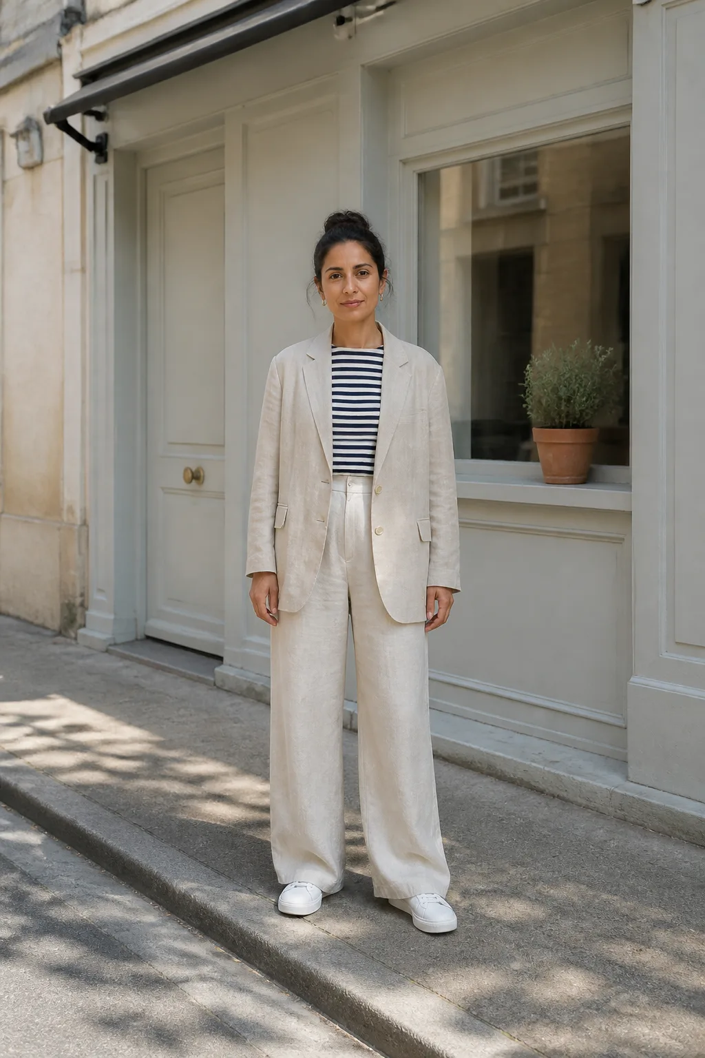Baggy Suit Outfit Ideas 2026 - 6- Ecru Oversized Linen Blazer With Wide-Leg Ecru Trousers and a Striped Breton Top
