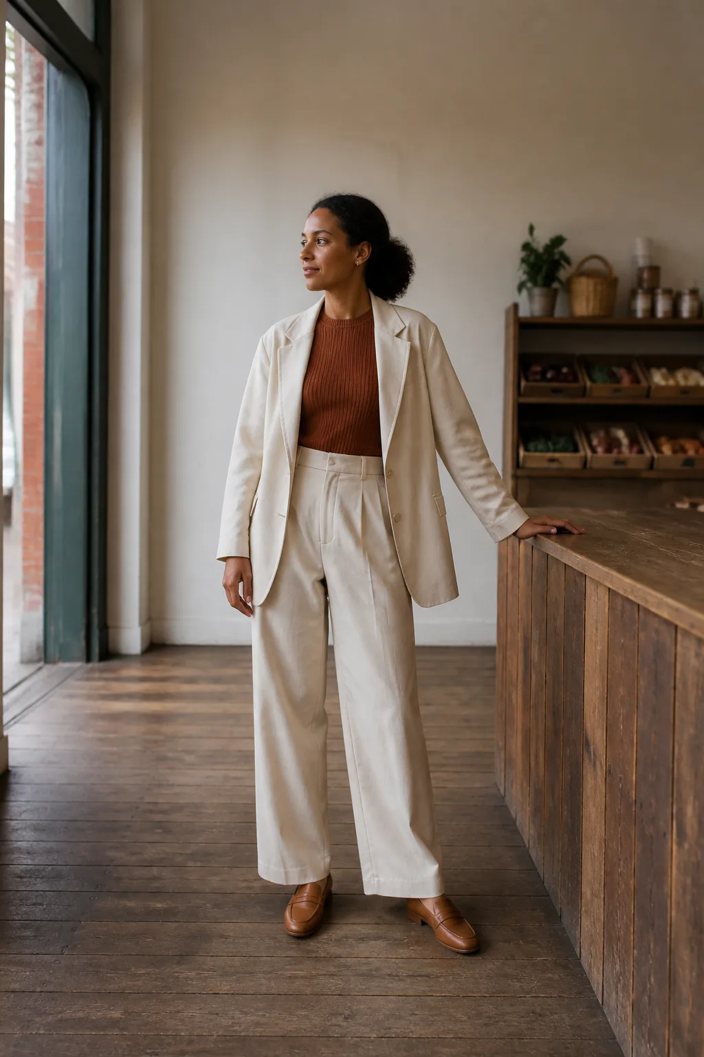Baggy Suit Outfit Ideas 2026 - 12- Cream Oversized Blazer With Wide-Leg Cream Trousers and a Cinnamon Fitted Knit