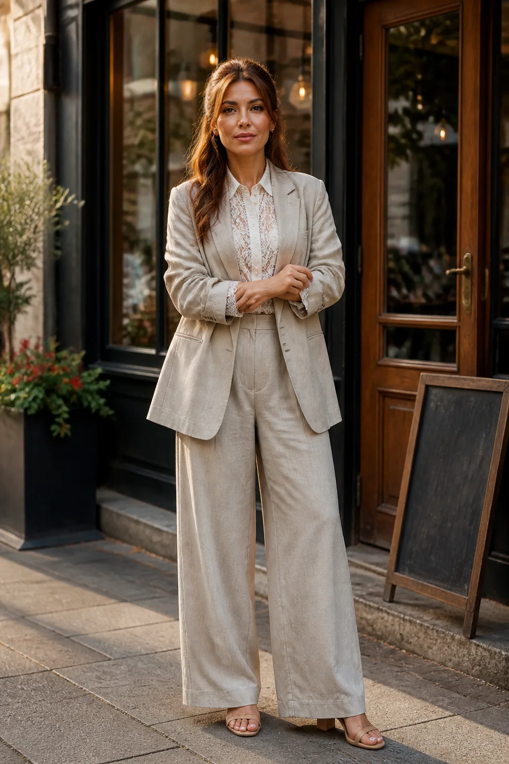 Baggy Suit Outfit Ideas 2026 - 14- Stone Beige Suit With a White Lace Blouse and Block-Heel Sandals