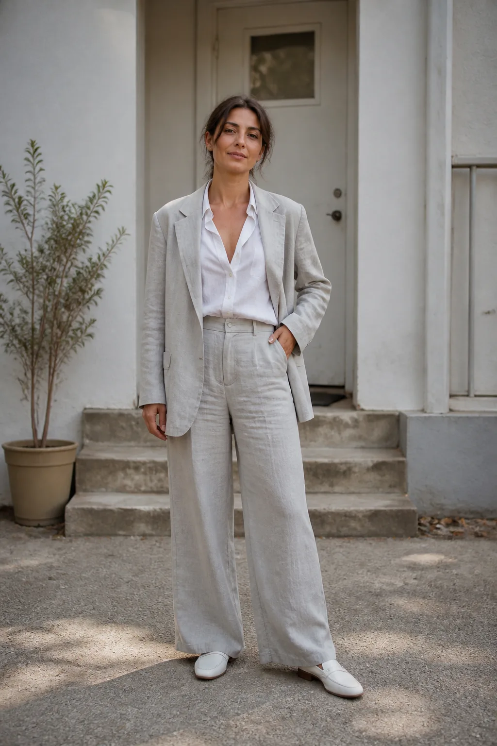 Baggy Suit Outfit Ideas 2026 - 3- Pale Gray Linen Suit With a Crisp White Button-Down Shirt
