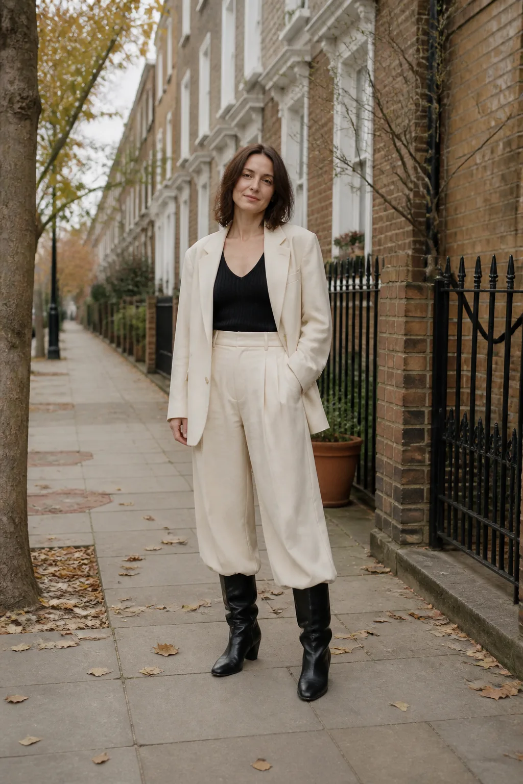 Baggy Suit Outfit Ideas 2026 - 17- Cream Oversized Suit With a Black Fitted Vest Top and Knee-High Boots