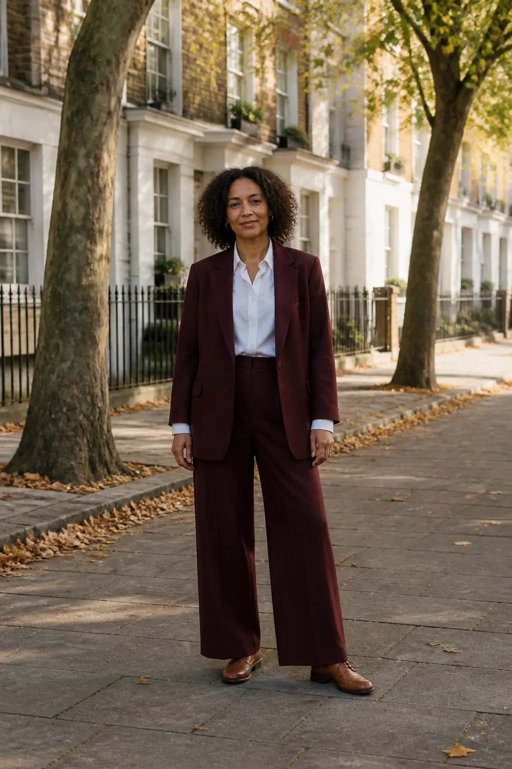 Baggy Suit Outfit Ideas 2026 - 12- Burgundy Suit With a Crisp White Button-Down and Brown Oxford Shoes