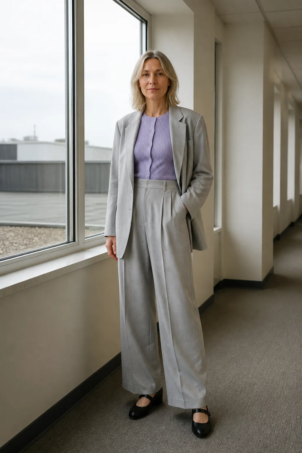 Baggy Suit Outfit Ideas 2026 - 10- Pale Gray Suit With a Lavender Fitted Cardigan and Mary Janes