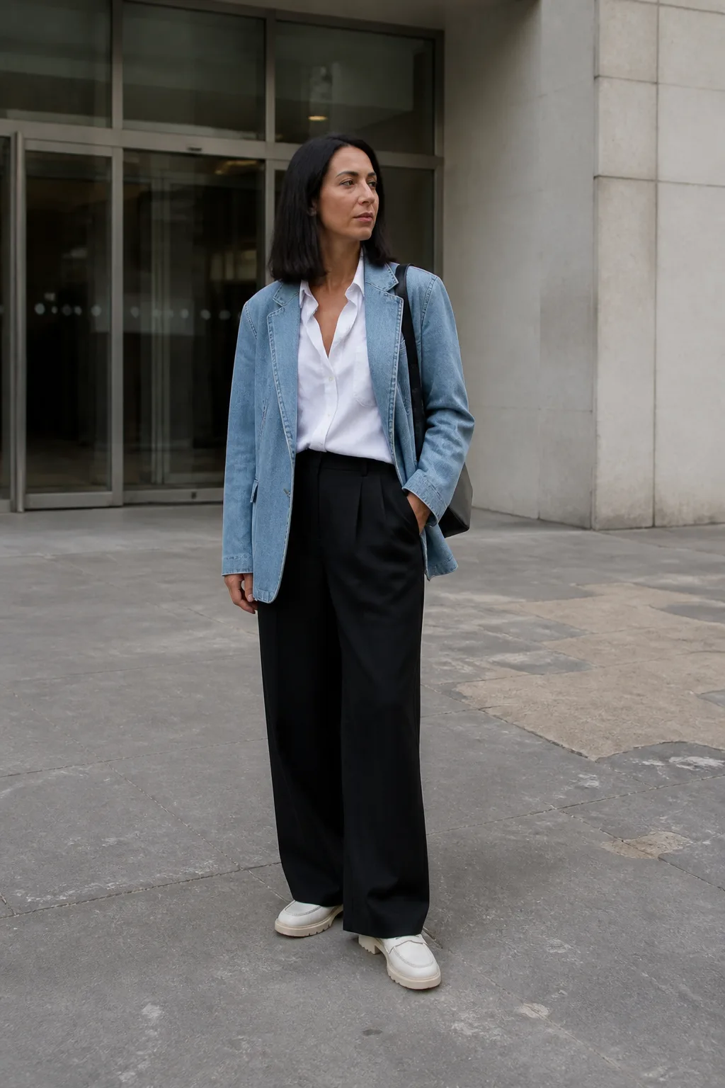 Baggy Suit Outfit Ideas 2026 - 7- Light Blue Denim Oversized Blazer With Wide-Leg Black Trousers and a White Cotton Shirt