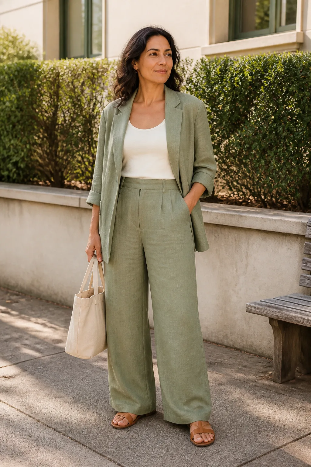 Baggy Suit Outfit Ideas 2026 - 2- Sage Green Linen Suit With a Fitted Scoop-Neck Tee and Sandals