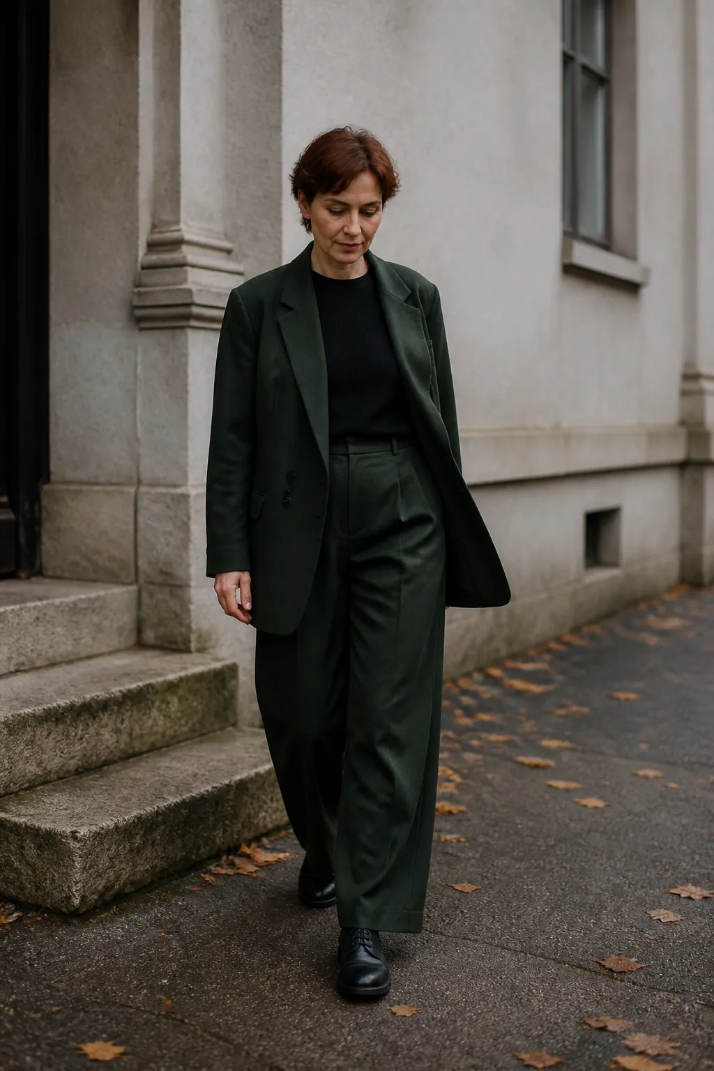 Baggy Suit Outfit Ideas 2026 - 5- Forest Green Wool-Blend Suit With a Black Fitted Crewneck