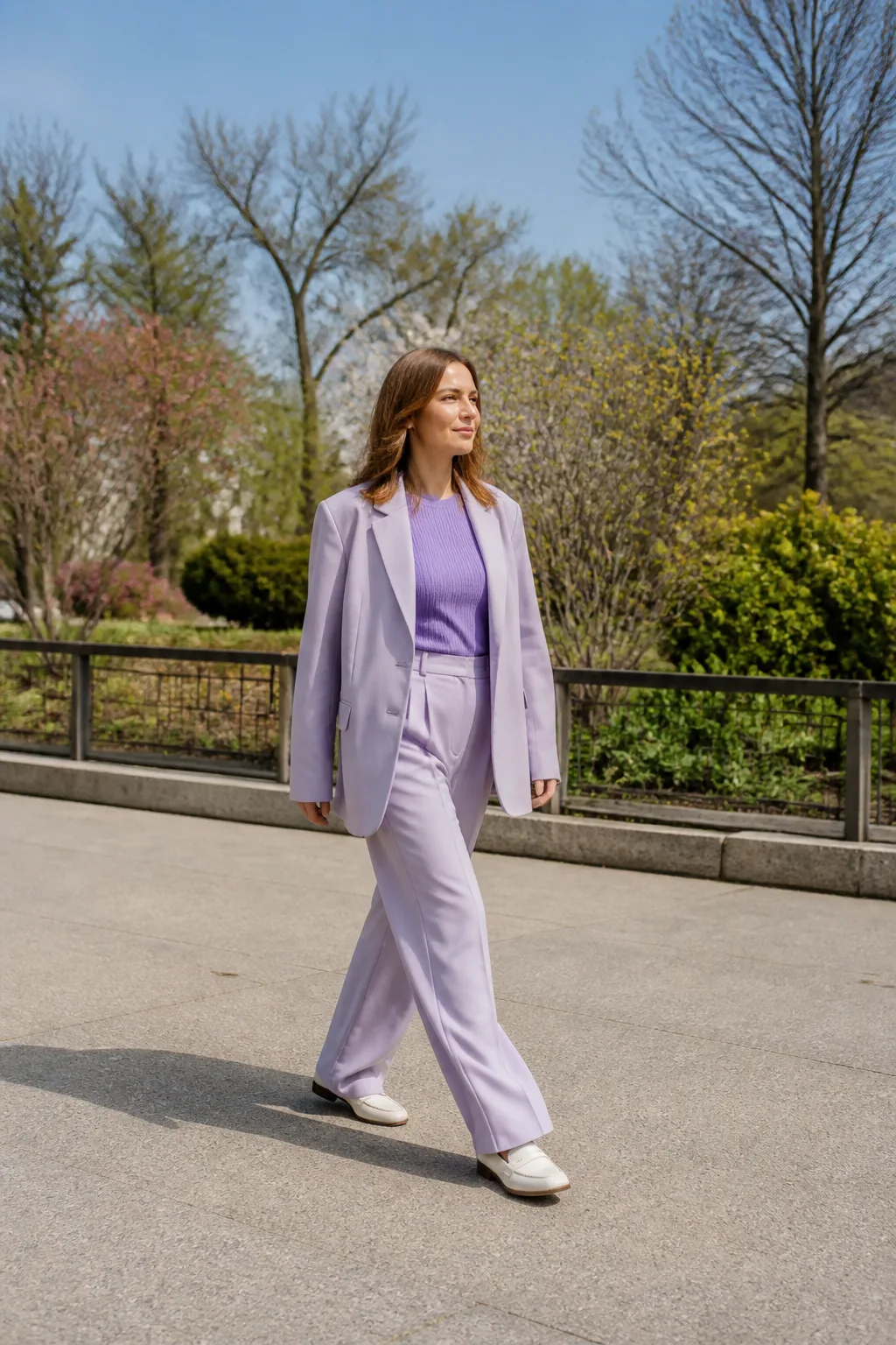 Baggy Suit Outfit Ideas 2026 - 15- Soft Lavender Oversized Suit With a Fitted Lilac Knit and White Loafers