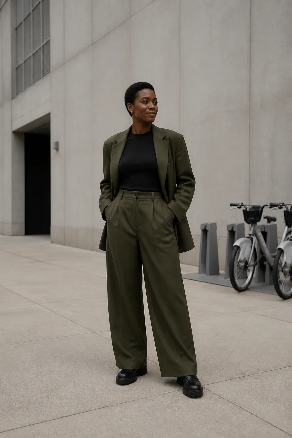 Baggy Suit Outfit Ideas 2026 - 13- Olive Green Suit With a Fitted Black Long-Sleeve Top and Lug-Sole Boots