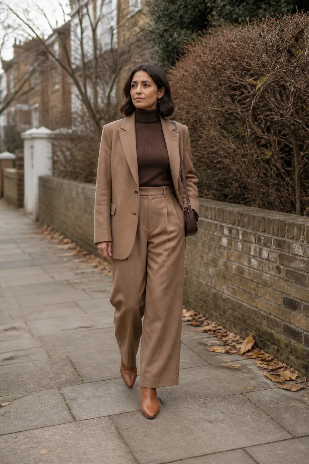 Baggy Suit Outfit Ideas 2026 - 2- Camel Wool Oversized Suit With a Chocolate Turtleneck
