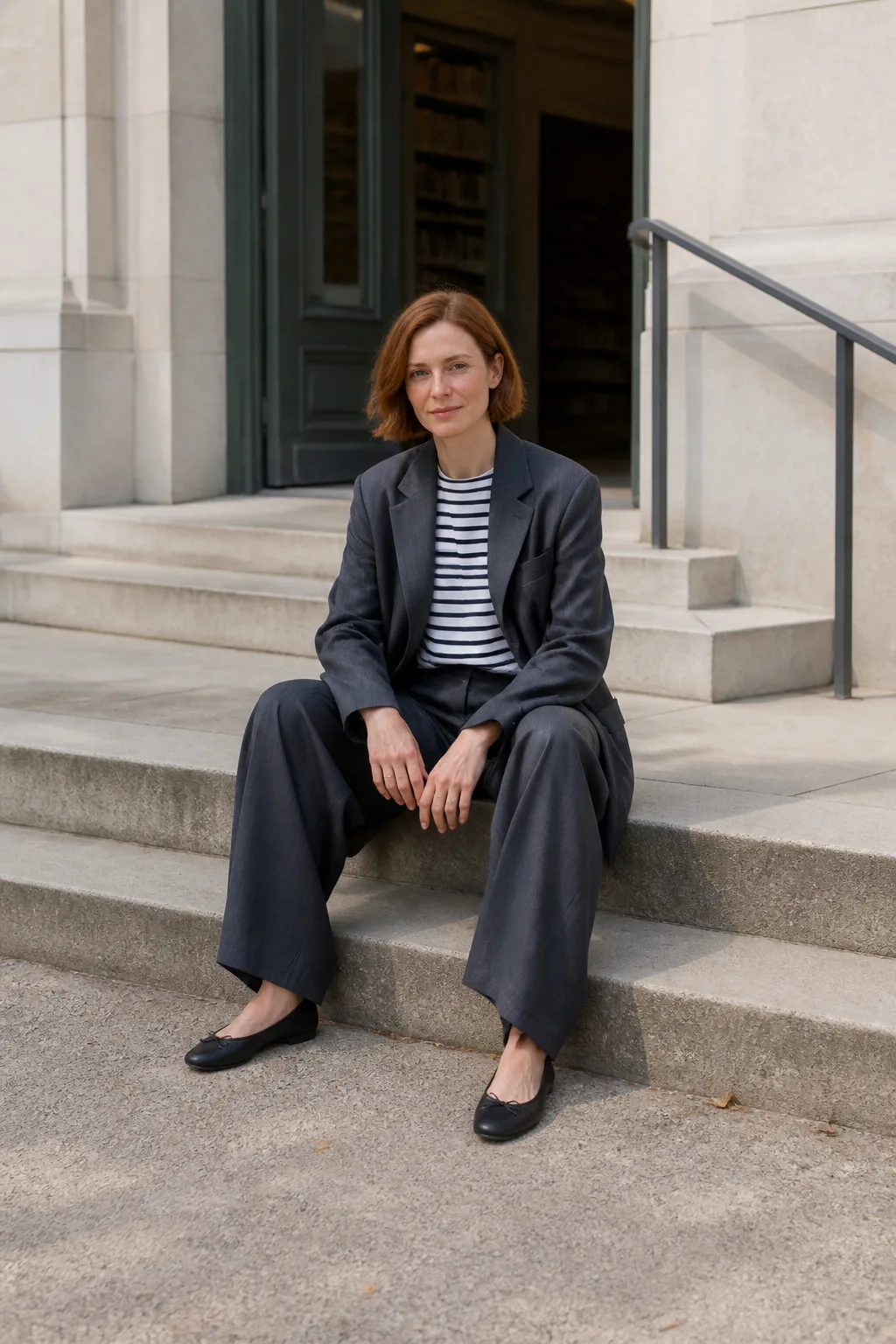 Baggy Suit Outfit Ideas 2026 - 5- Charcoal Gray Suit With a Striped Sailor Tee and Ballet Flats