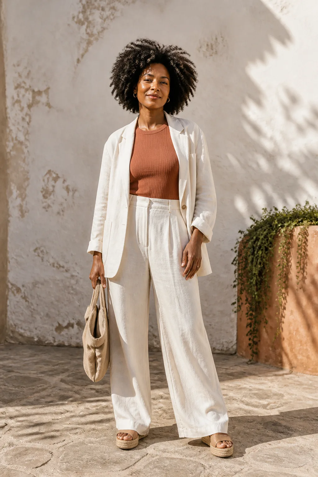 Baggy Suit Outfit Ideas 2026 - 8- Ecru Linen Suit With a Terracotta Fitted Top and Espadrilles