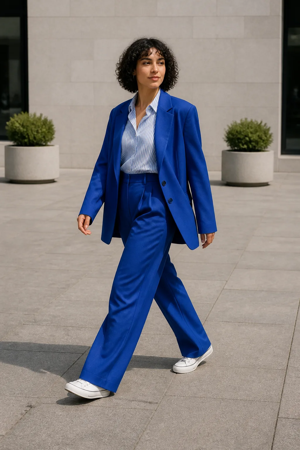 Baggy Suit Outfit Ideas 2026 - 15- Cobalt Blue Suit With a Crisp Striped Poplin Shirt and White Sneakers