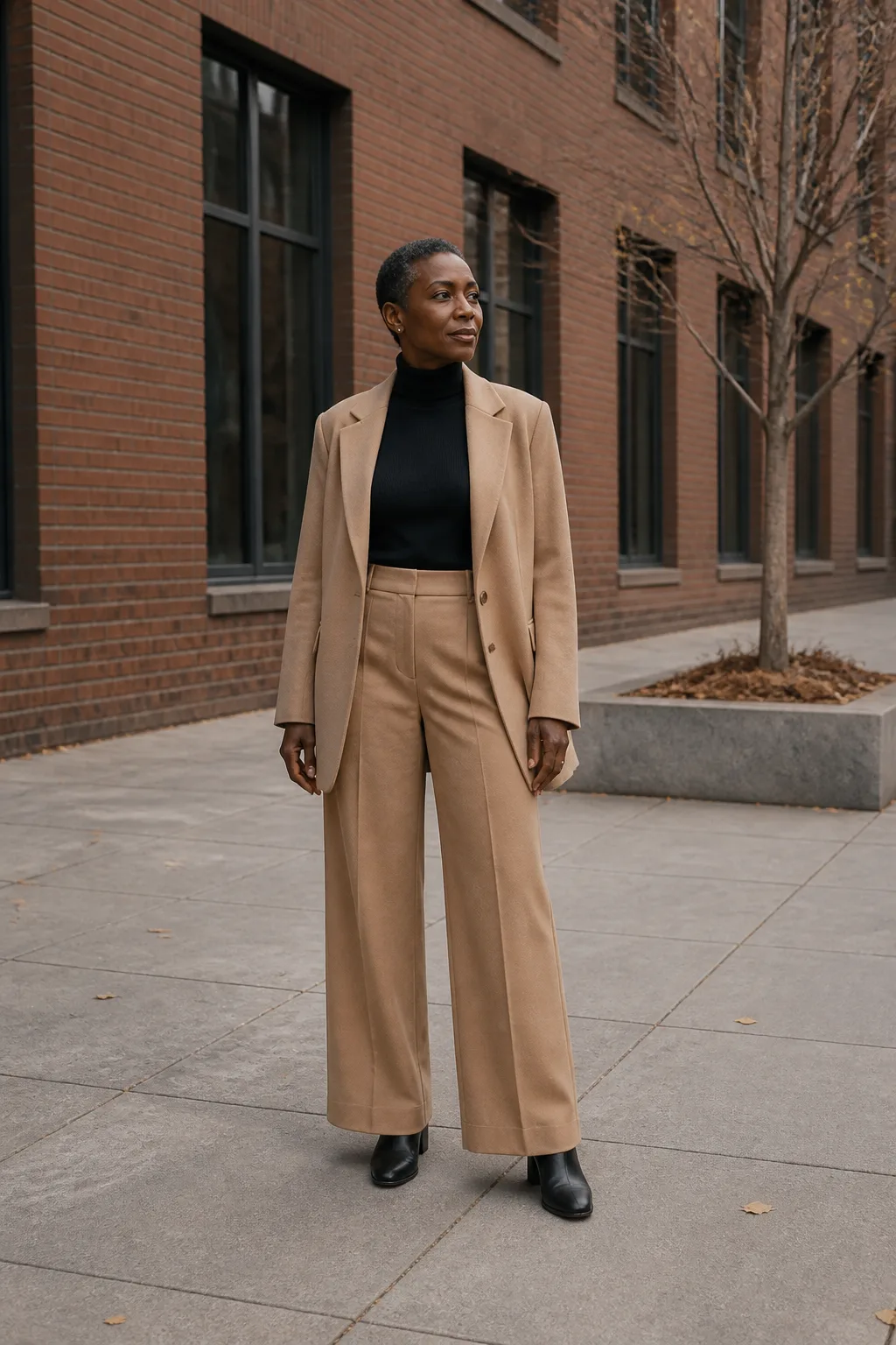 Baggy Suit Outfit Ideas 2026 - 3- Camel Wool Suit With a Black Turtleneck and Block-Heel Boots