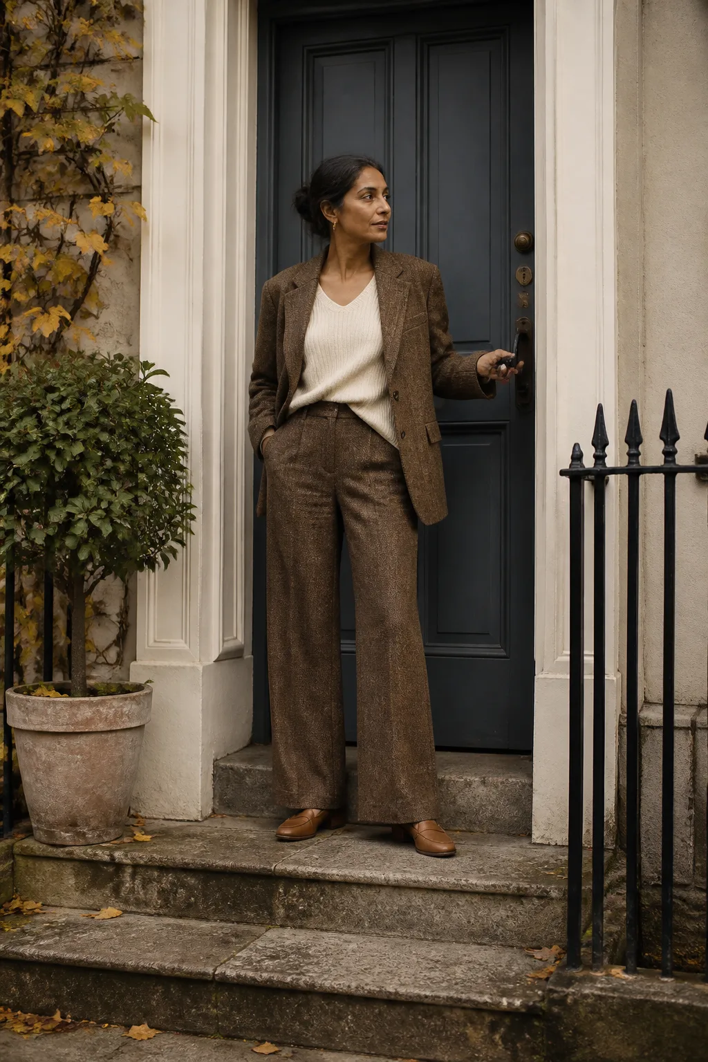 Baggy Suit Outfit Ideas 2026 - 7- Brown Tweed Suit With a Cream Ribbed Knit Sweater and Loafers