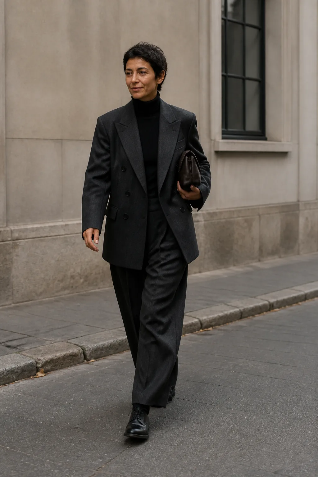 Baggy Suit Outfit Ideas 2026 - 9- Charcoal Oversized Double-Breasted Suit With a Black Turtleneck and Derby Shoes