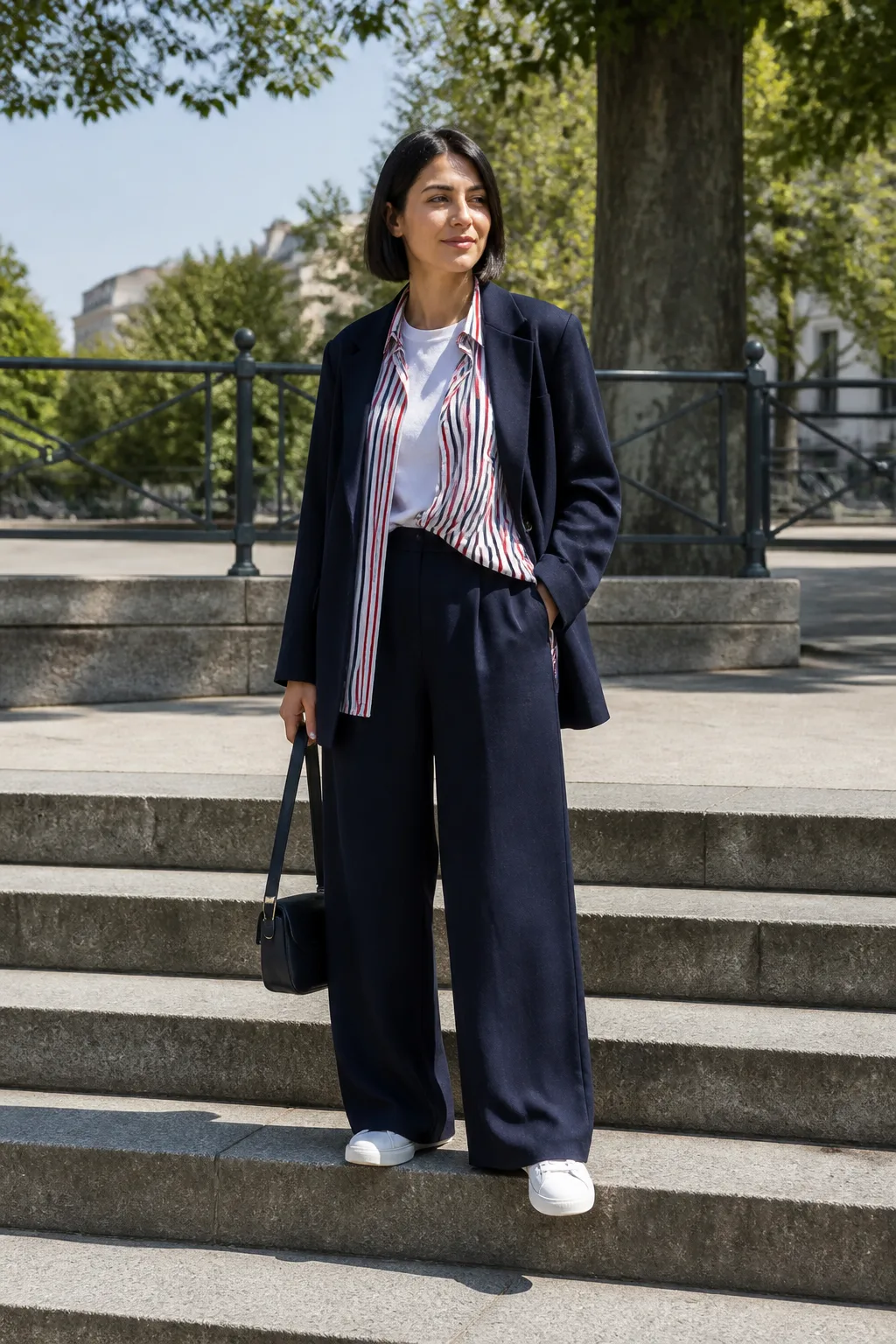 Baggy Suit Outfit Ideas 2026 - 9- Navy Blue Suit With a Red and White Striped Shirt and White Trainers