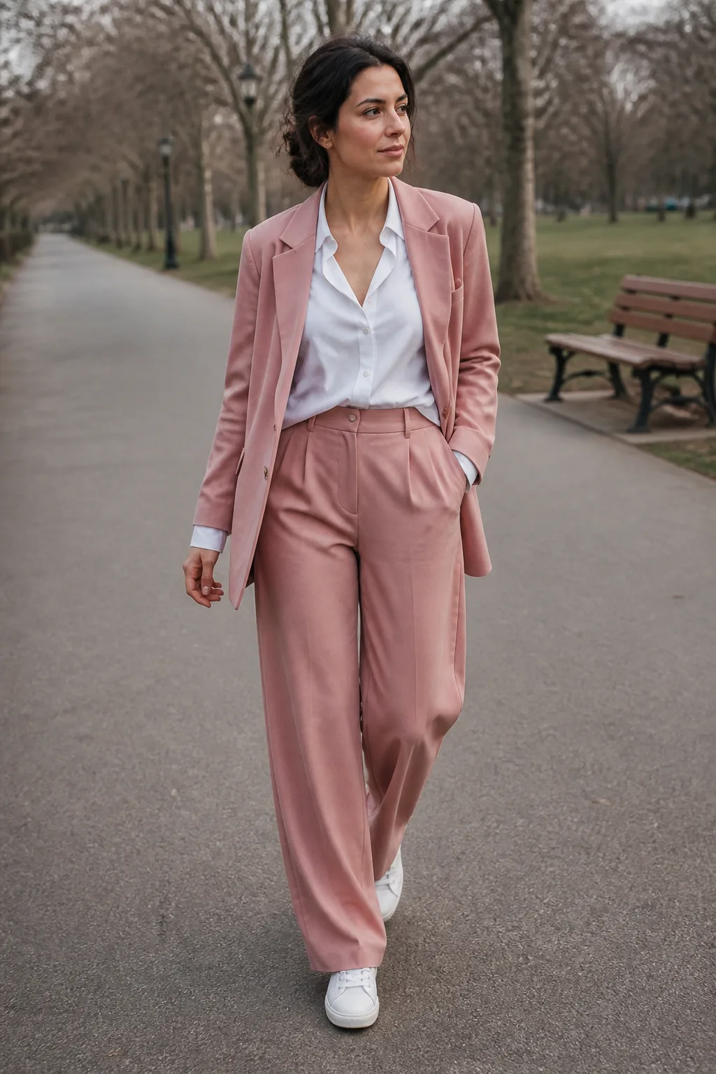 Baggy Suit Outfit Ideas 2026 - 4- Dusty Pink Suit With a White Button-Down and White Sneakers