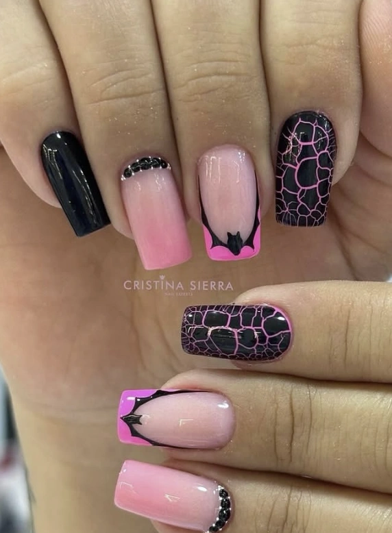 Pink and Black Halloween Inspired Square Nails