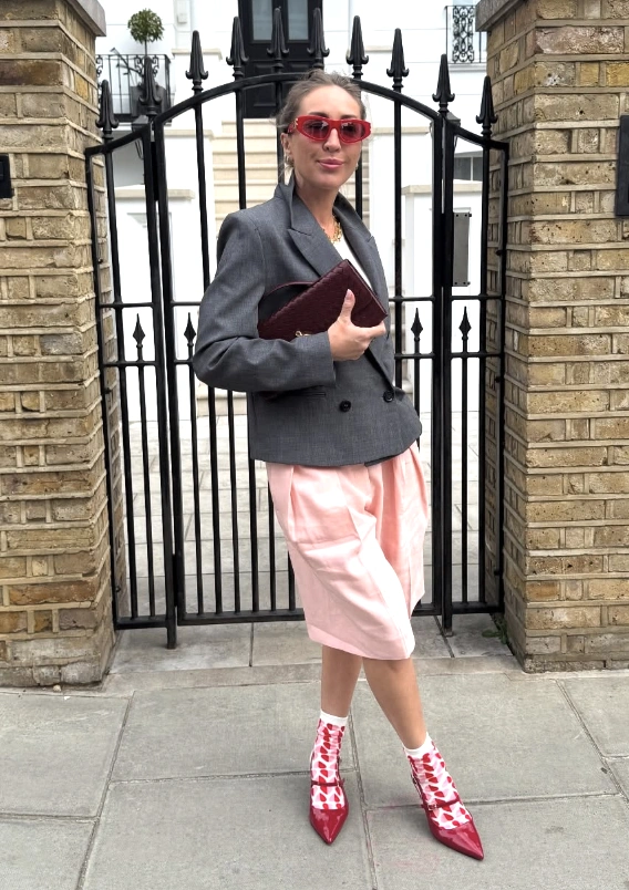 Pink Bermuda Shorts + Grey Oversized Blazer + White Top + Red Heeled Booties