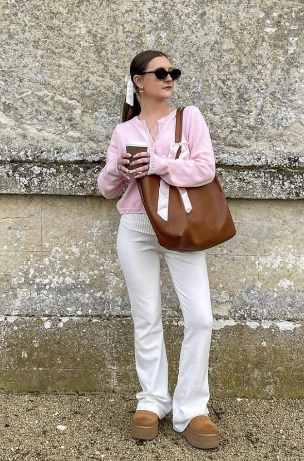 Pink Cardigan + White Flare Pants + Platform Loafers + Brown Tote