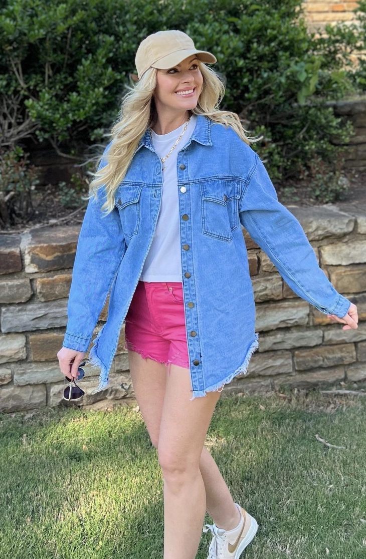Pink Denim Shorts + White Relaxed T-Shirt + Distressed Denim Jacket + Beige Baseball Cap + White Sneakers